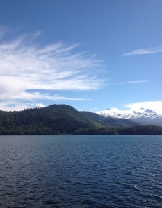 View from the ferry to Argentina. The snow capped volcano in the back ground is Mocho-Choshuenco.
